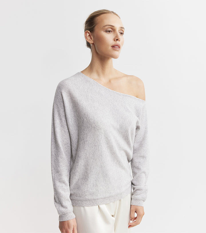 Cashmere Off Shoulder Sweater - Grey Melange