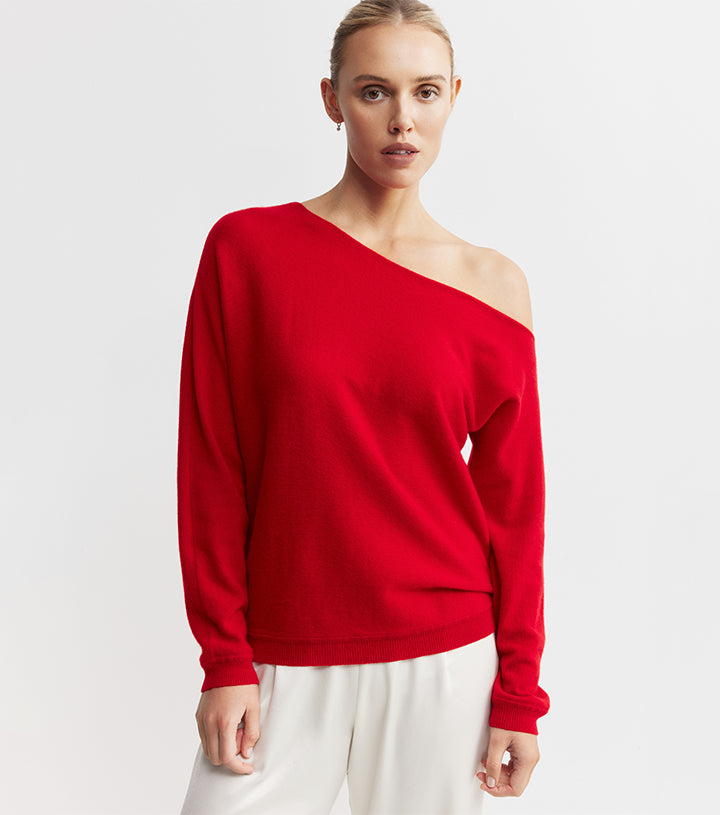 Cashmere Off Shoulder Sweater - Red