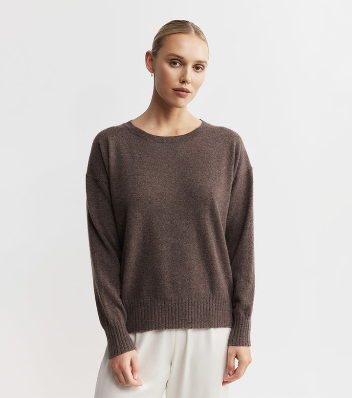 Essential Cashmere Relaxed Crew Sweater - Brown Melange