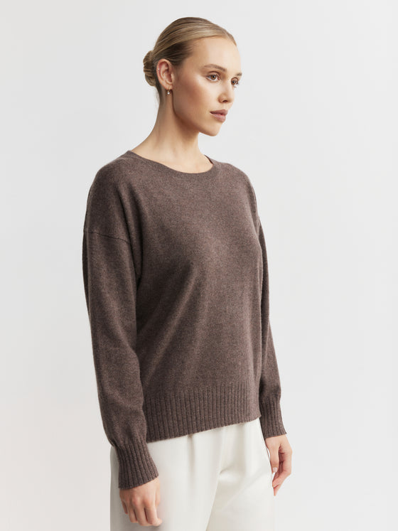 Essential Cashmere Relaxed Crew Sweater - Brown Melange