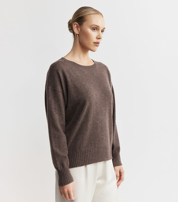 Essential Cashmere Relaxed Crew Sweater - Brown Melange