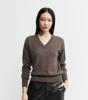 Essential Cashmere Rib V Sweater - Brown Melange