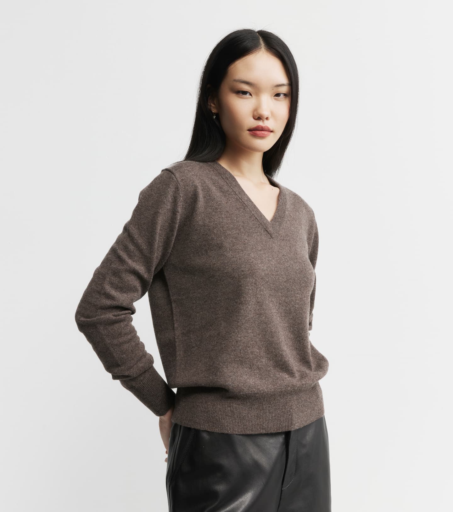 Essential Cashmere Rib V Sweater - Brown Melange