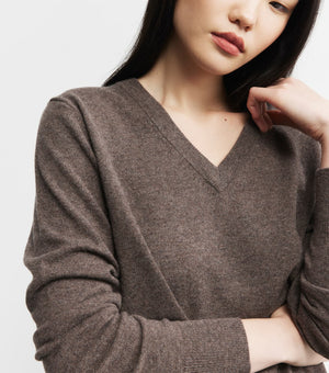 Essential Cashmere Rib V Sweater - Brown Melange