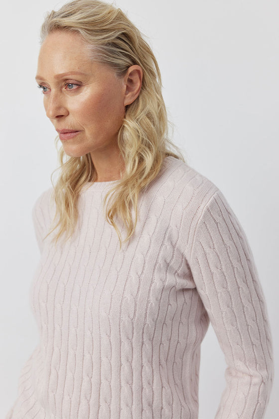 Essential Cashmere Cable Crew Sweater - Pale Pink