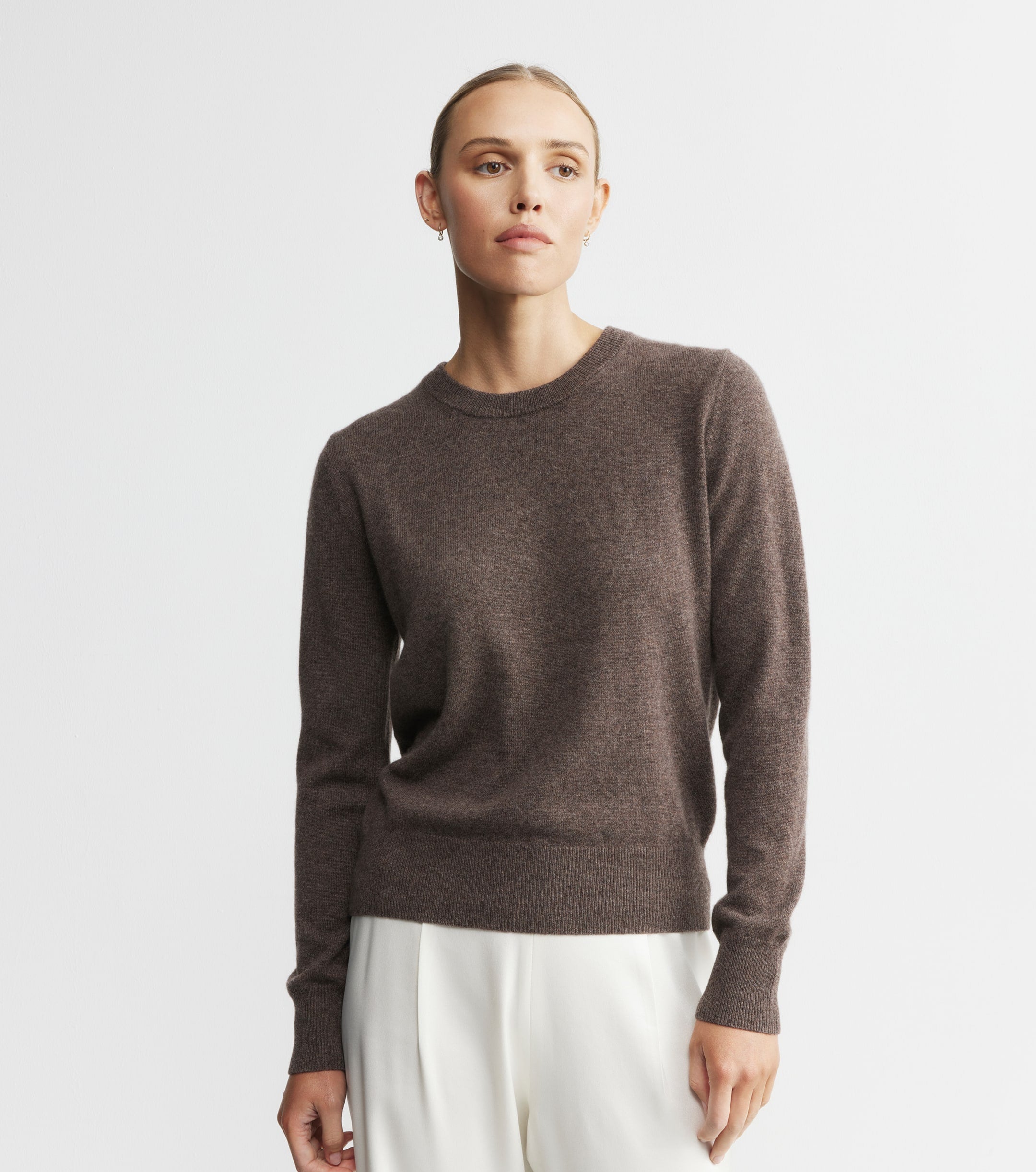 Essential Cashmere Rib Crew Sweater - Brown Melange