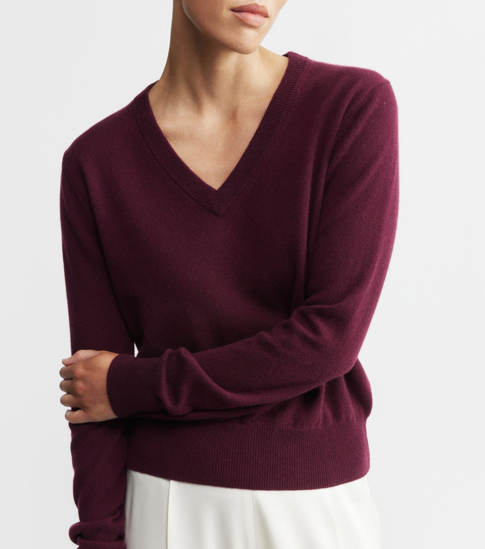 Essential Cashmere Rib V Sweater - Burgundy