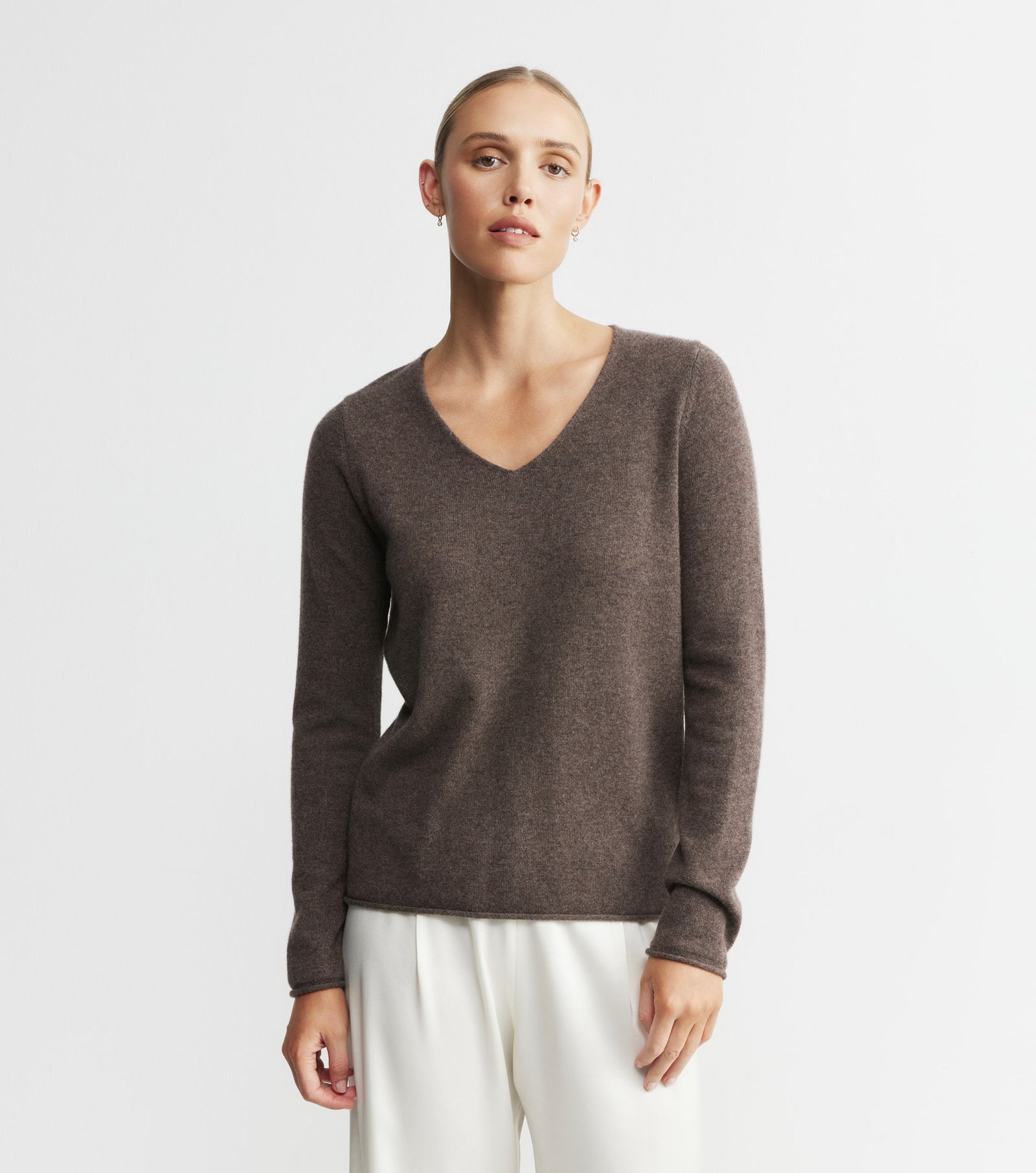 Essential Cashmere V Sweater - Brown Melange