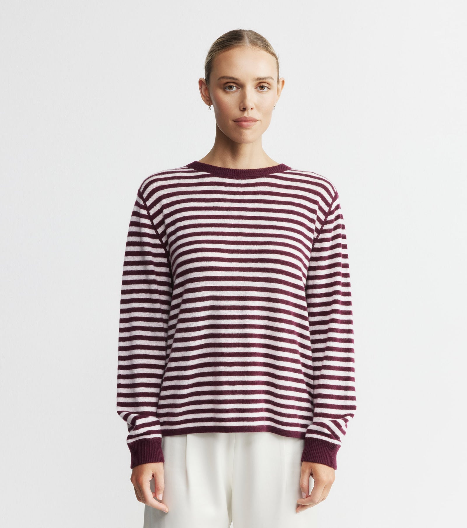 Cashmere Featherweight Oversize Stripe Crew - Burgundy/Pink