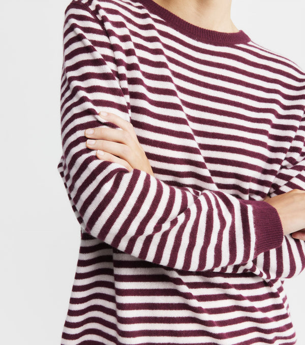 Cashmere Featherweight Oversize Stripe Crew - Burgundy/Pink