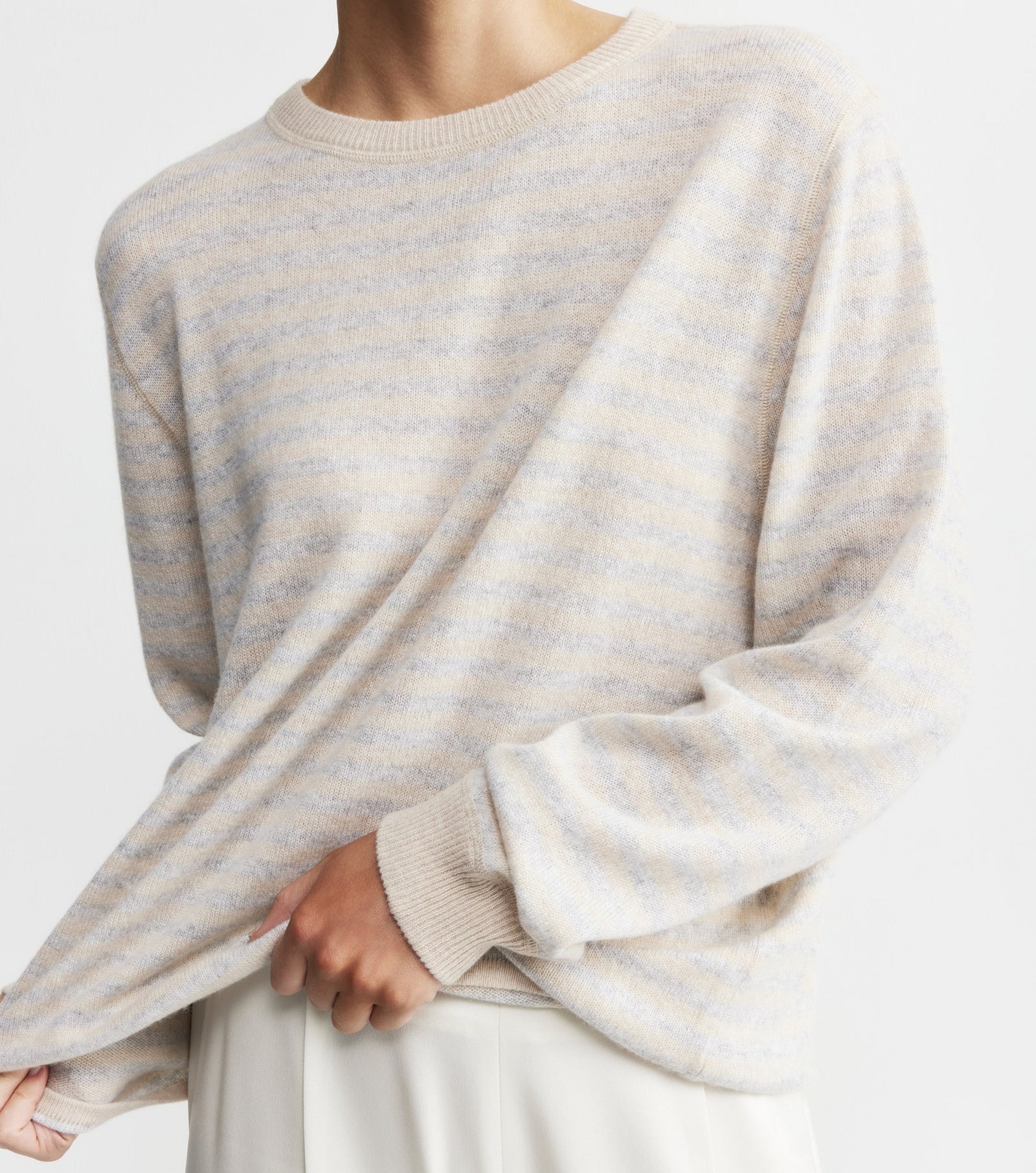 Cashmere Featherweight Oversize Stripe Crew - Grey Marle/Sand