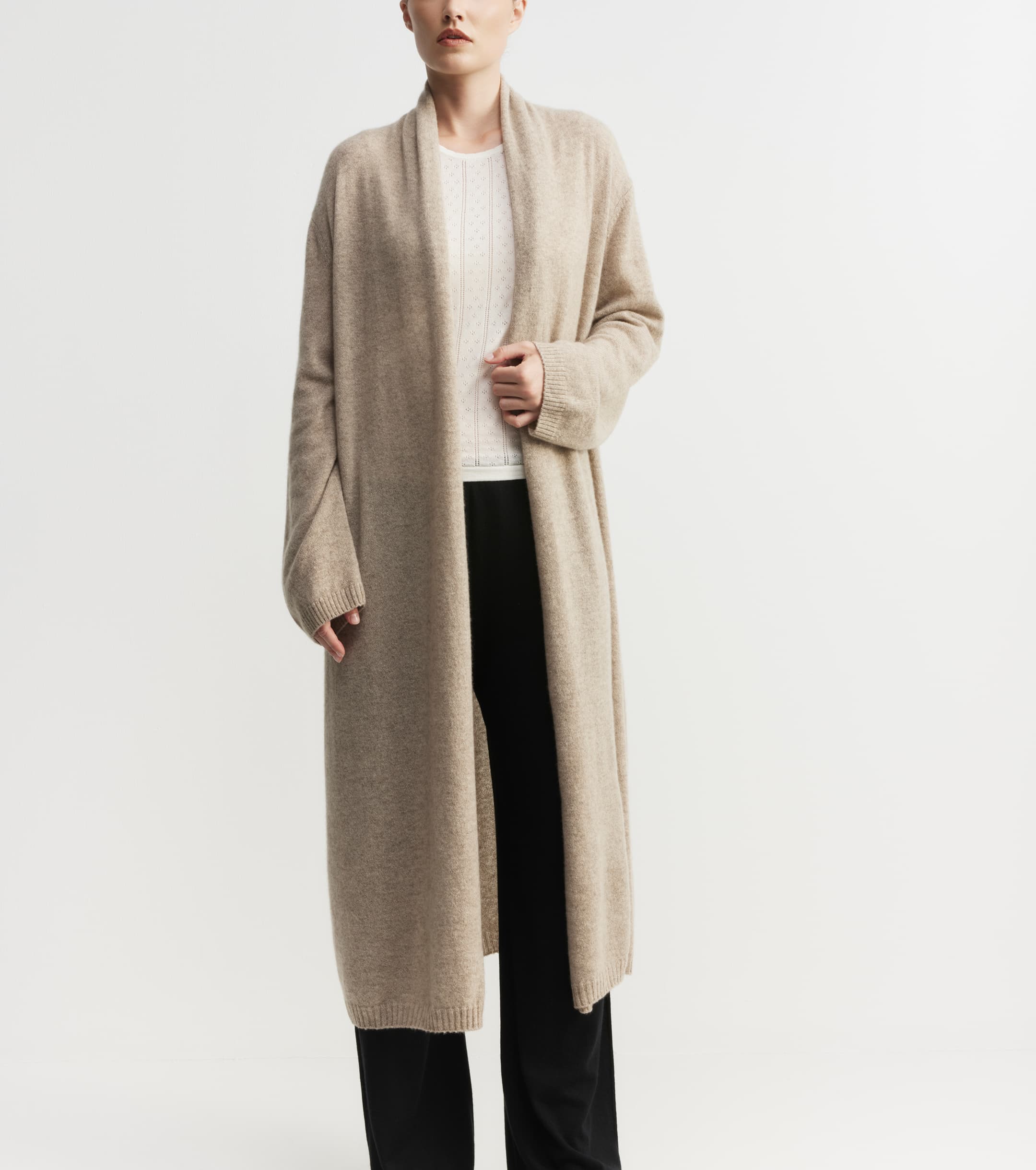 Cashmere Longline Feather Cardigan - Birch
