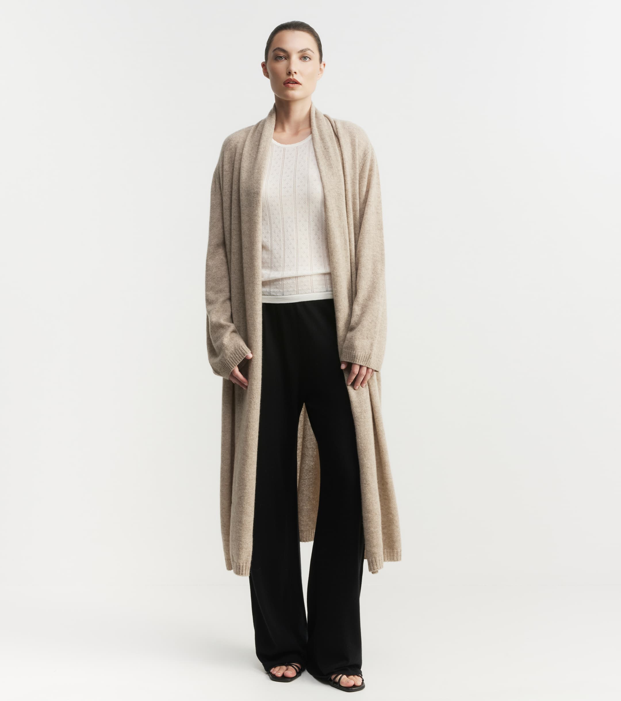 Cashmere Longline Feather Cardigan - Birch