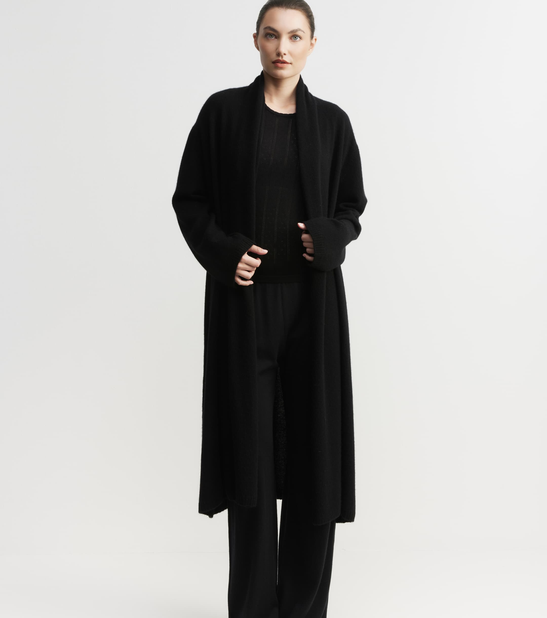 Cashmere Longline Feather Cardigan - Black