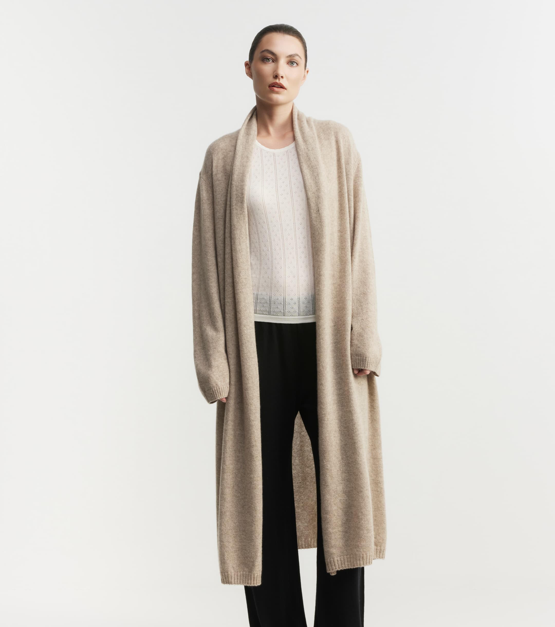 Cashmere Longline Feather Cardigan - Birch