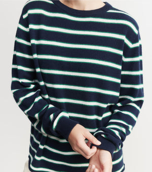 Cashmere Featherweight Oversize Crew - Navy Stripe