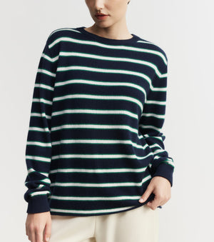 Cashmere Featherweight Oversize Crew - Navy Stripe