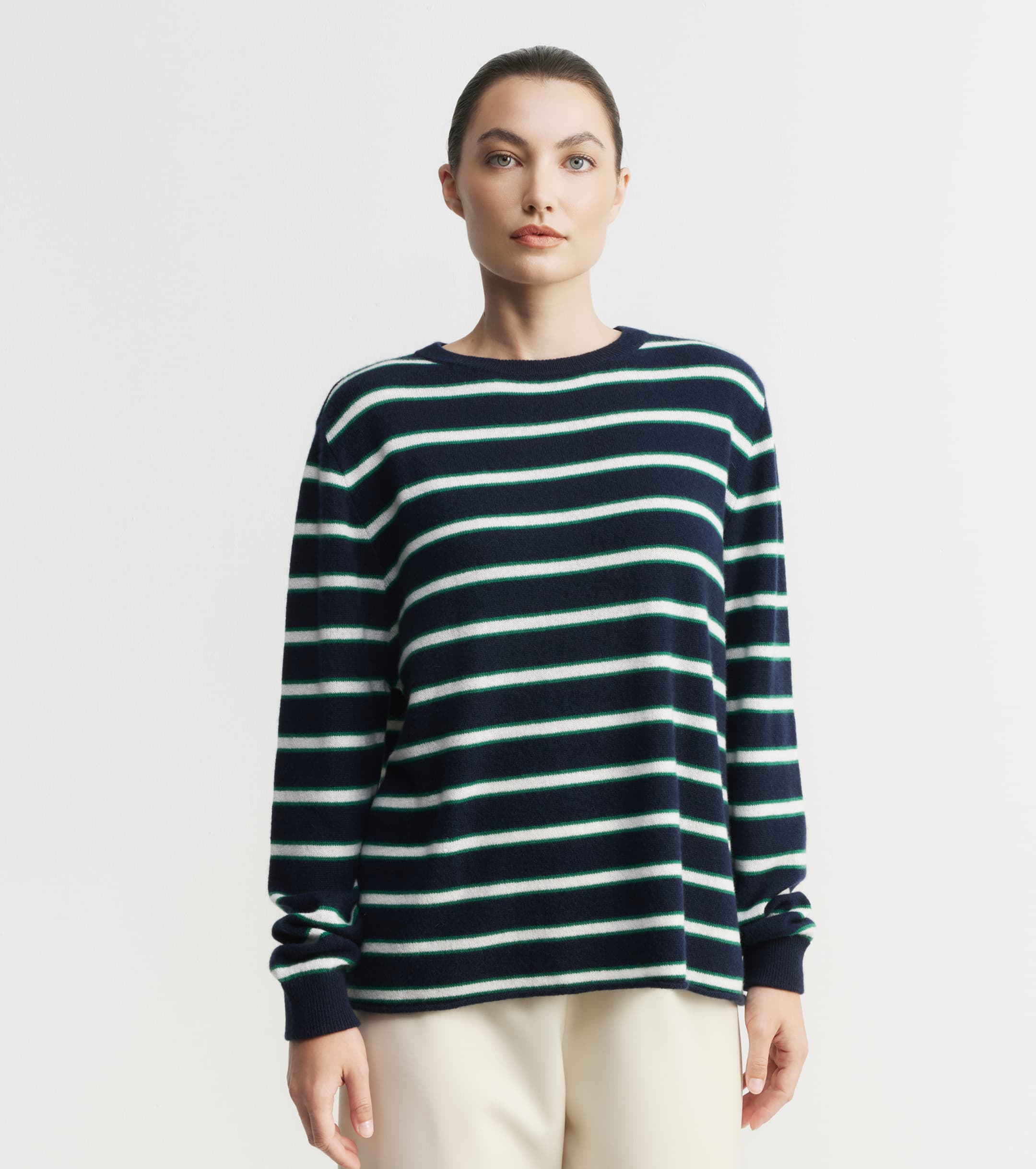 Cashmere Featherweight Oversize Crew - Navy Stripe
