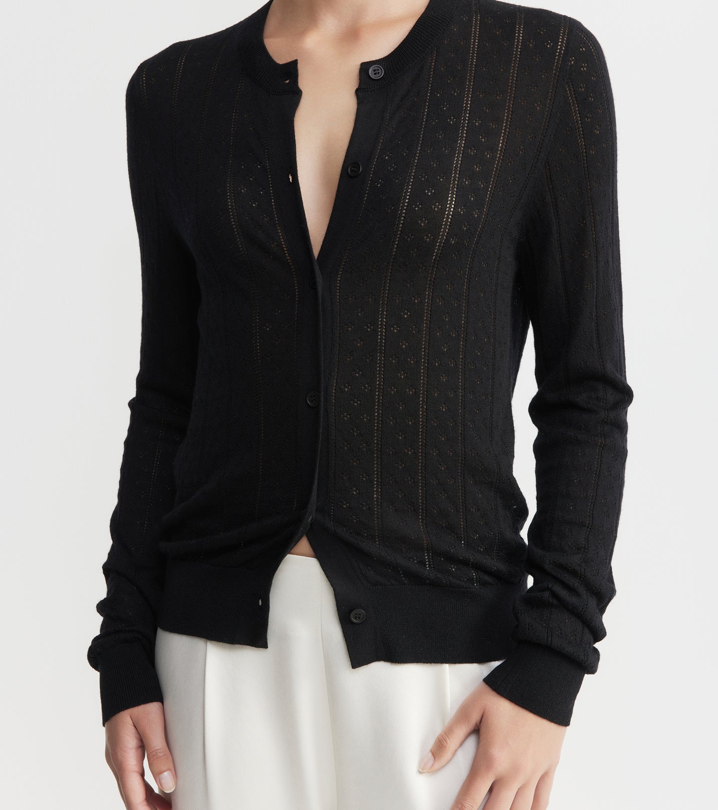 Fine Cashmere Pointelle Cardigan - Black