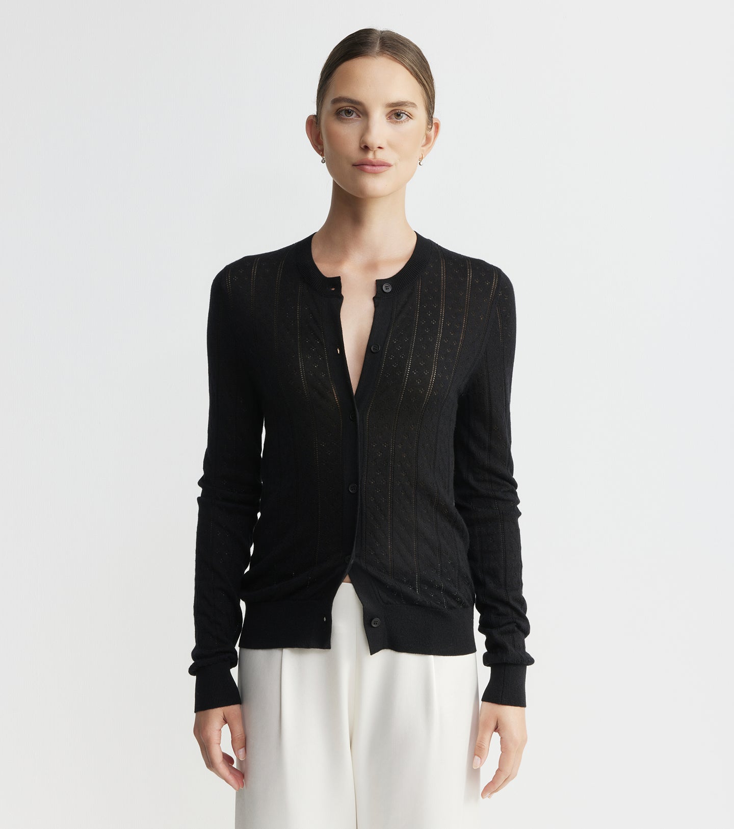 Fine Cashmere Pointelle Cardigan - Black