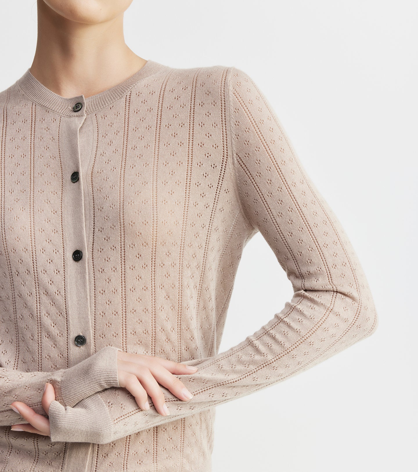 Fine Cashmere Pointelle Cardigan - Taupe