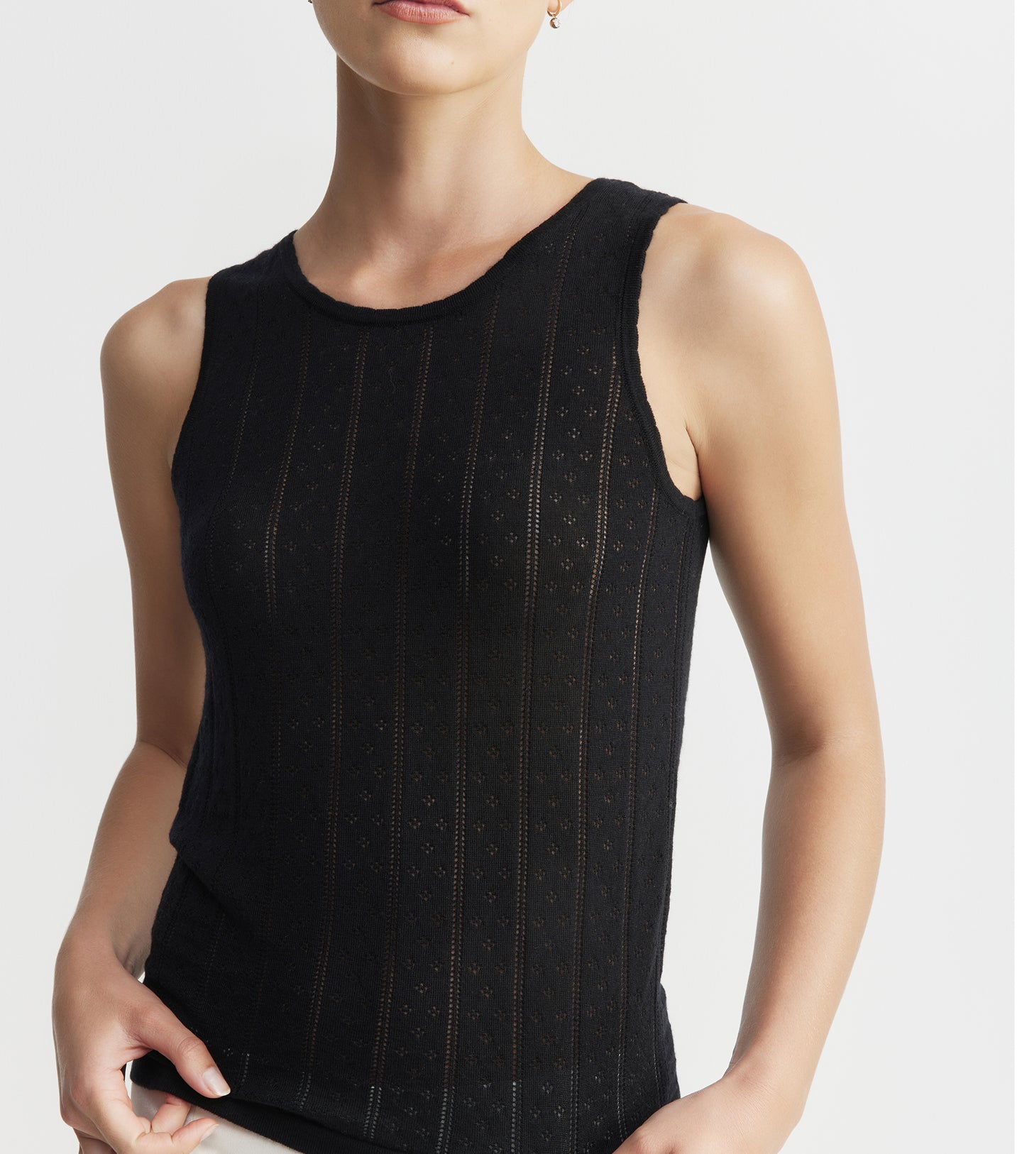 Fine Cashmere Pointelle Tank - Black