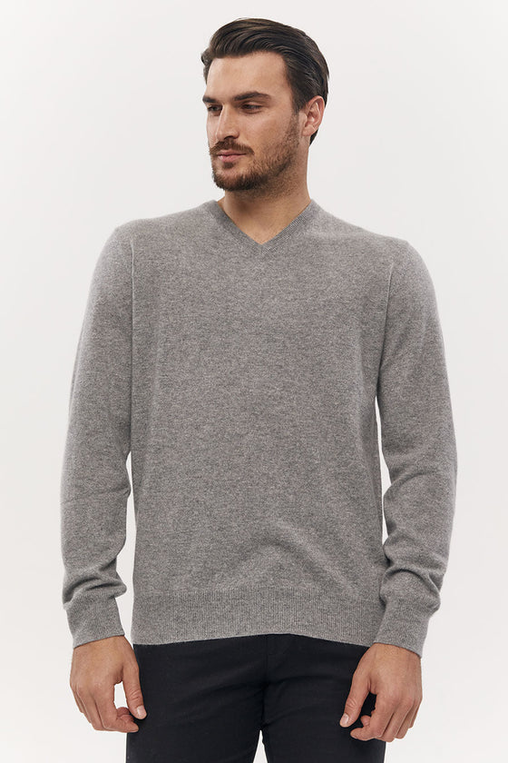 Harrison Cashmere V Neck - Dark Grey Melange