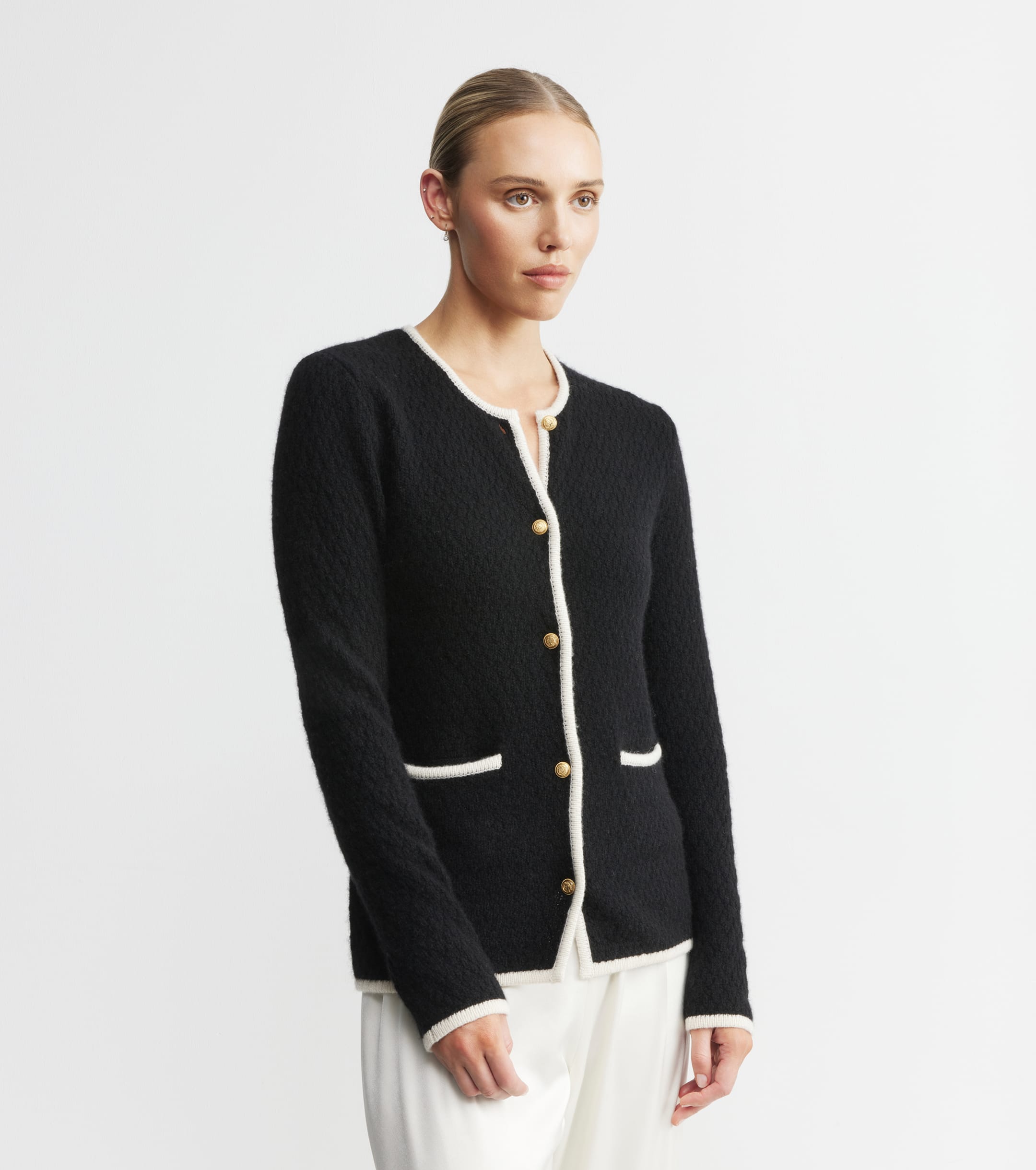 Cashmere Longline Waffle Jacket - Black/Cream