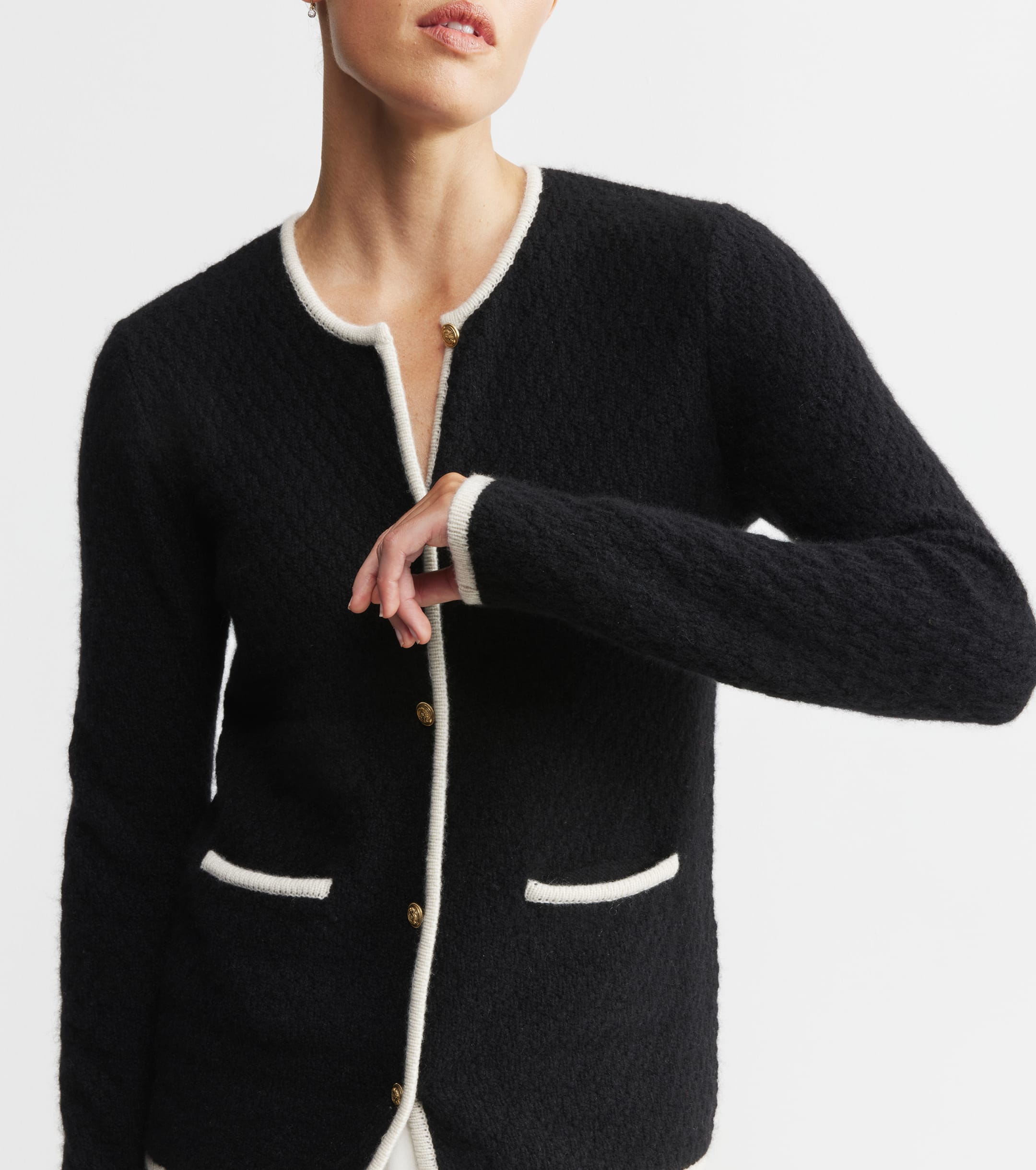 Cashmere Longline Waffle Jacket - Black/Cream