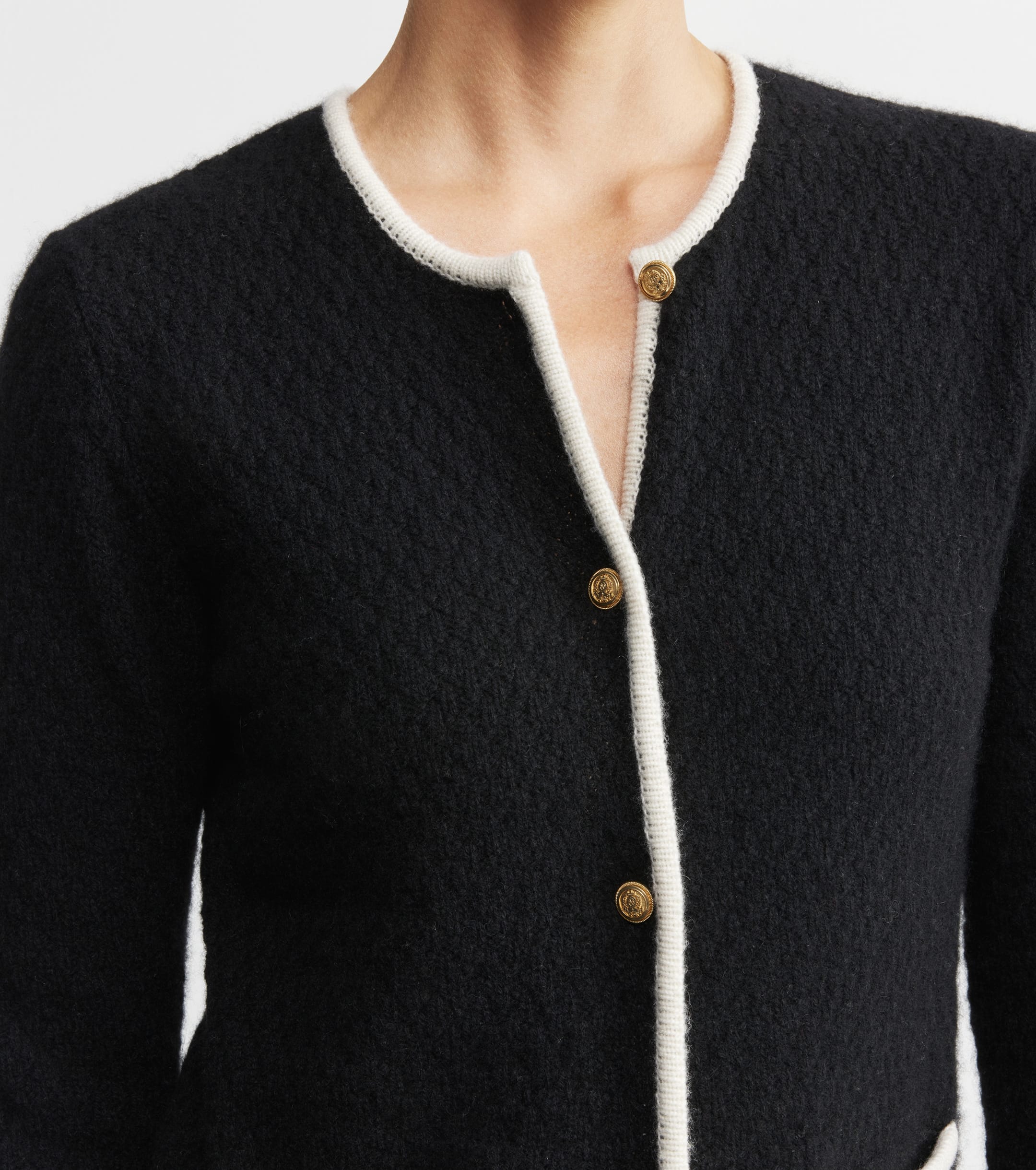 Cashmere Longline Waffle Jacket - Black/Cream