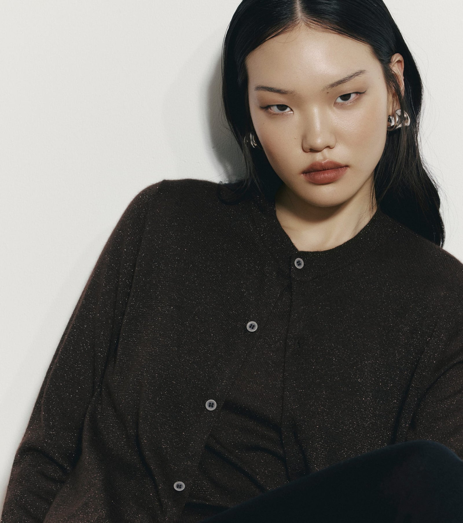 Cashmere Lurex Crew Cardigan - Cognac