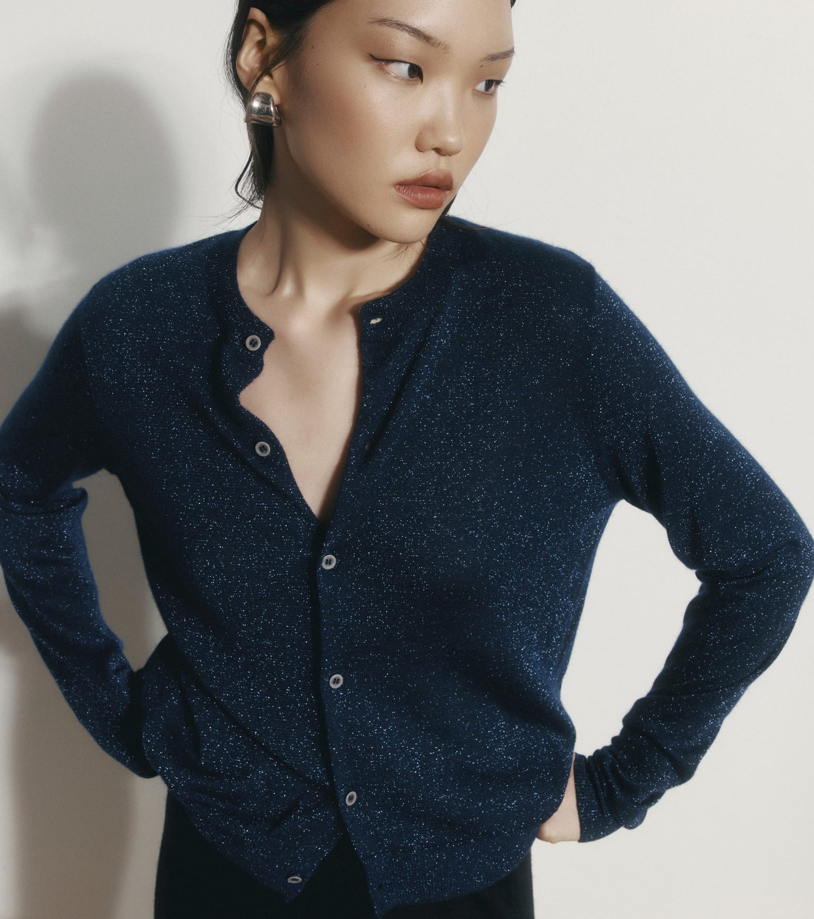 Cashmere Lurex Crew Cardigan - Sapphire