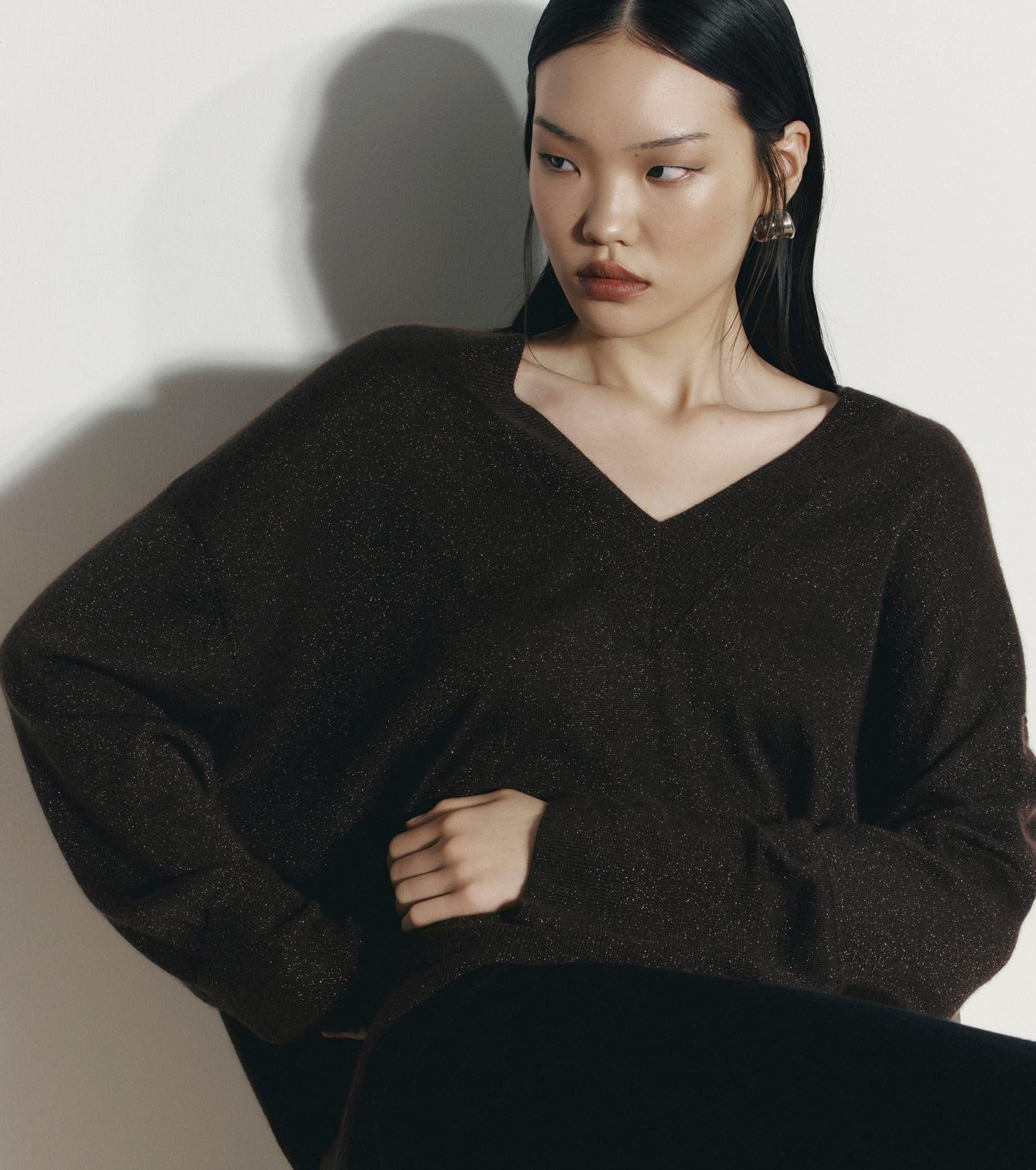 Cashmere Lurex Deep V Sweater - Cognac