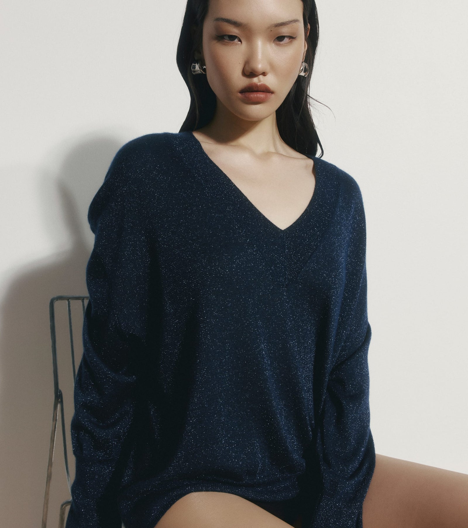 Cashmere Lurex Deep V Sweater - Sapphire