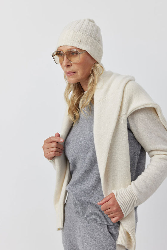 Luxe Cashmere Ribbed Beanie - Cream