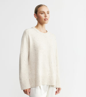 Luxe Cashmere Saddle Crew Sweater - Cream Speckle
