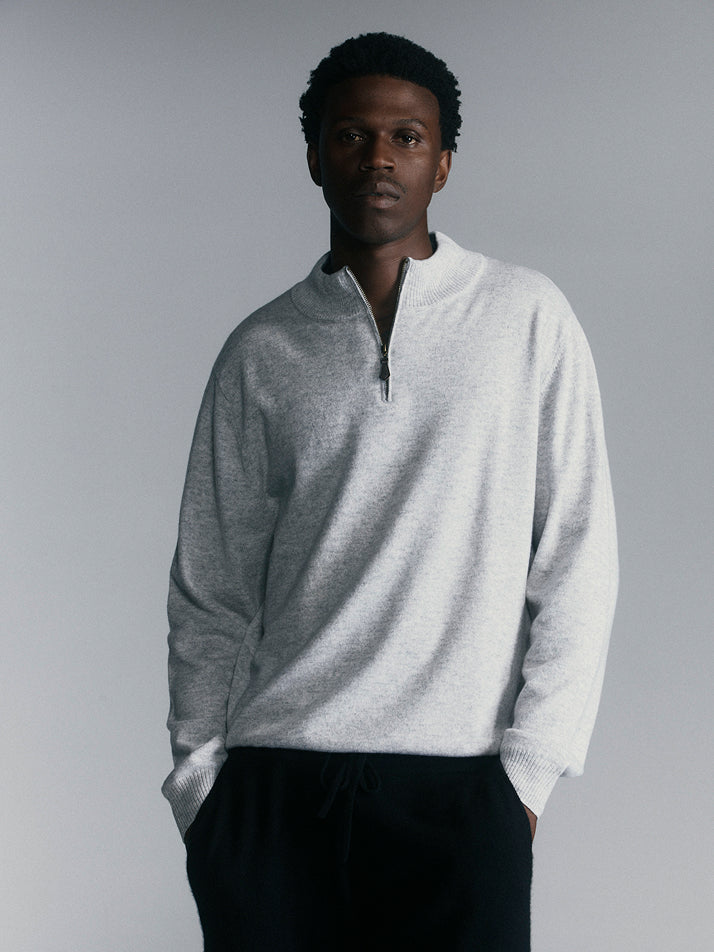 Mens Essential Cashmere Quarter Zip Sweater - Grey Melange/Graphite