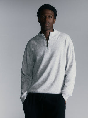Mens Essential Cashmere Quarter Zip Sweater - Grey Melange/Graphite