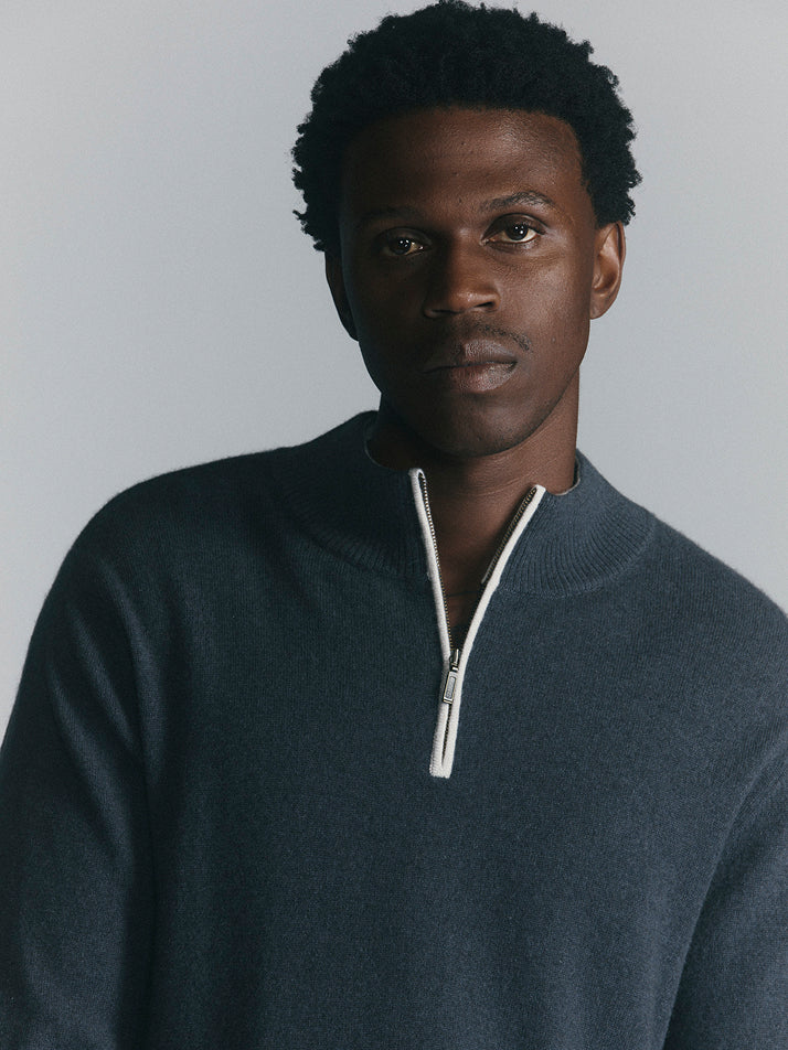 Mens Essential Cashmere Quarter Zip Sweater - Steel/Pebble