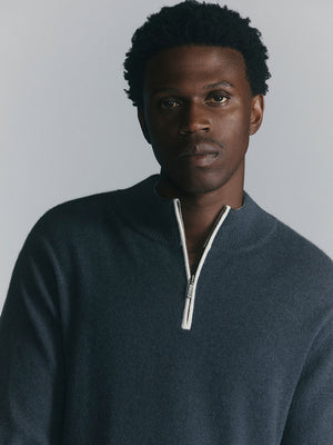 Mens Essential Cashmere Quarter Zip Sweater - Steel/Pebble