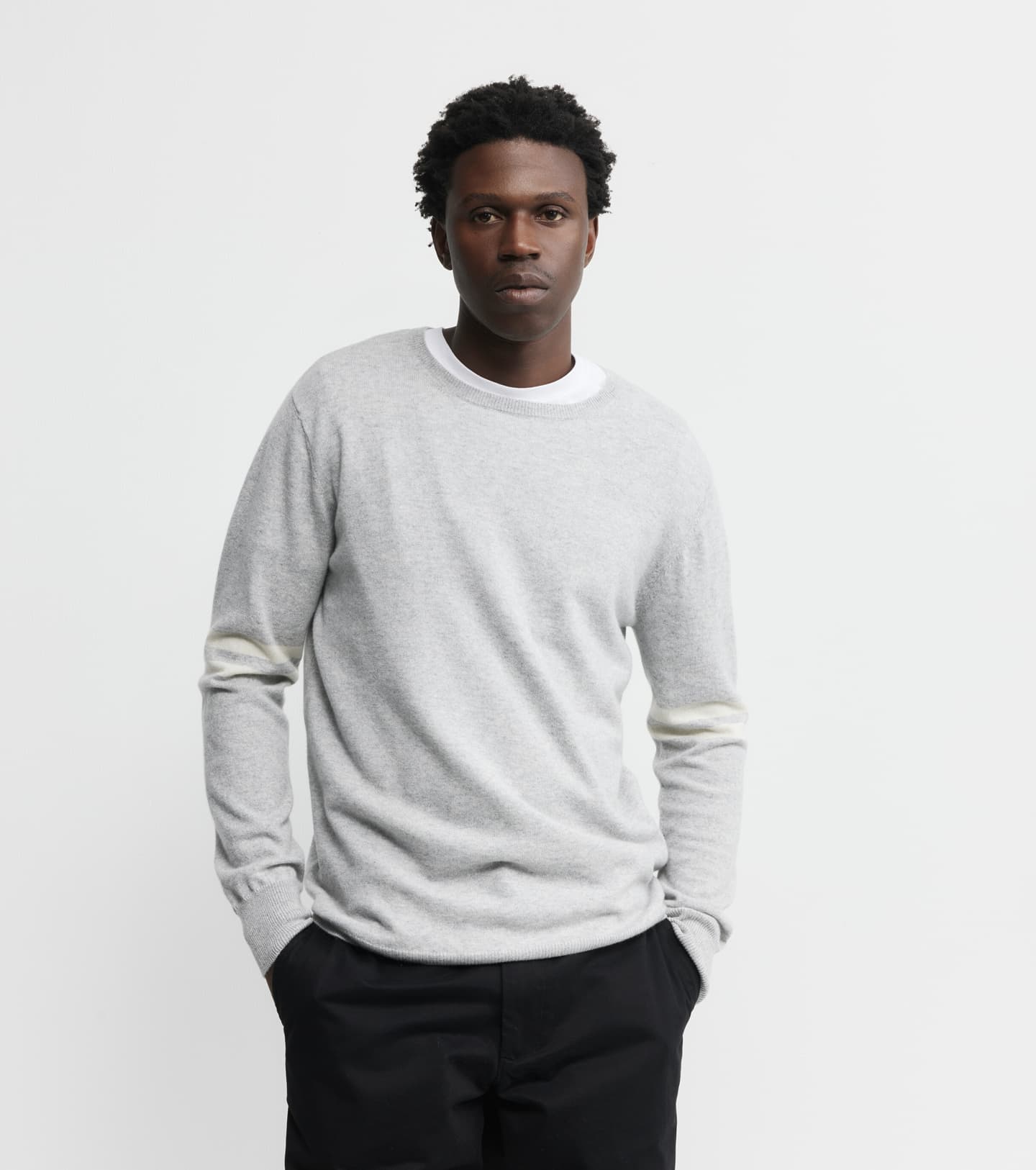 Mens Cashmere Crew Stripe Sleeve - Grey Melange/Cream