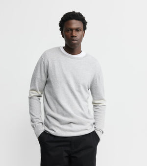 Mens Cashmere Crew Stripe Sleeve - Grey Melange/Cream