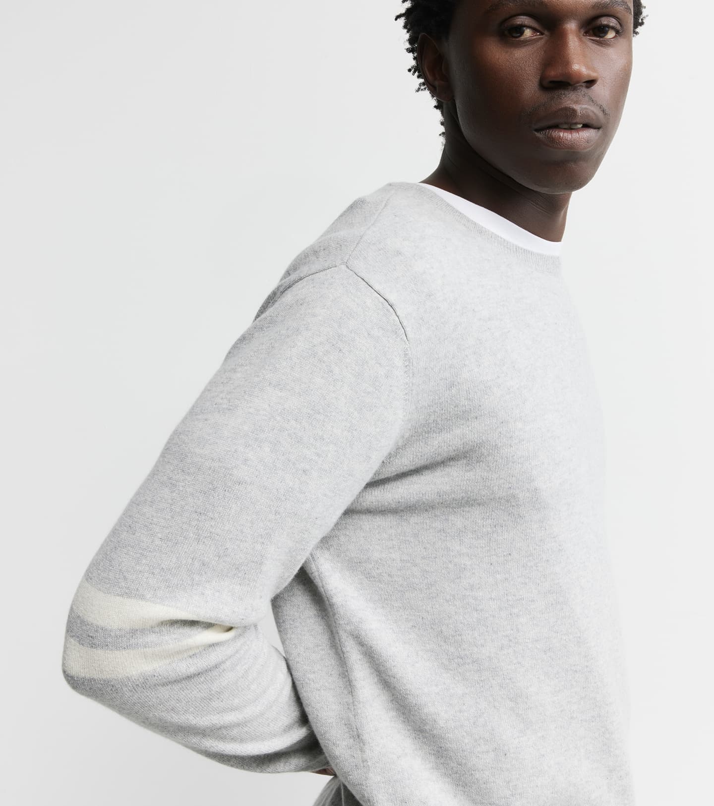 Mens Cashmere Crew Stripe Sleeve - Grey Melange/Cream