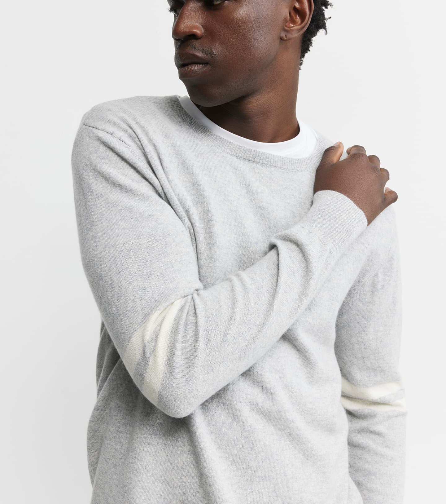 Mens Cashmere Crew Stripe Sleeve - Grey Melange/Cream