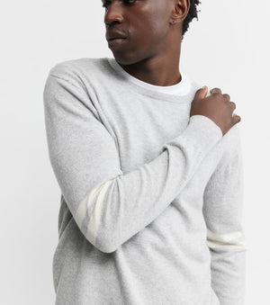 Mens Cashmere Crew Stripe Sleeve - Grey Melange/Cream