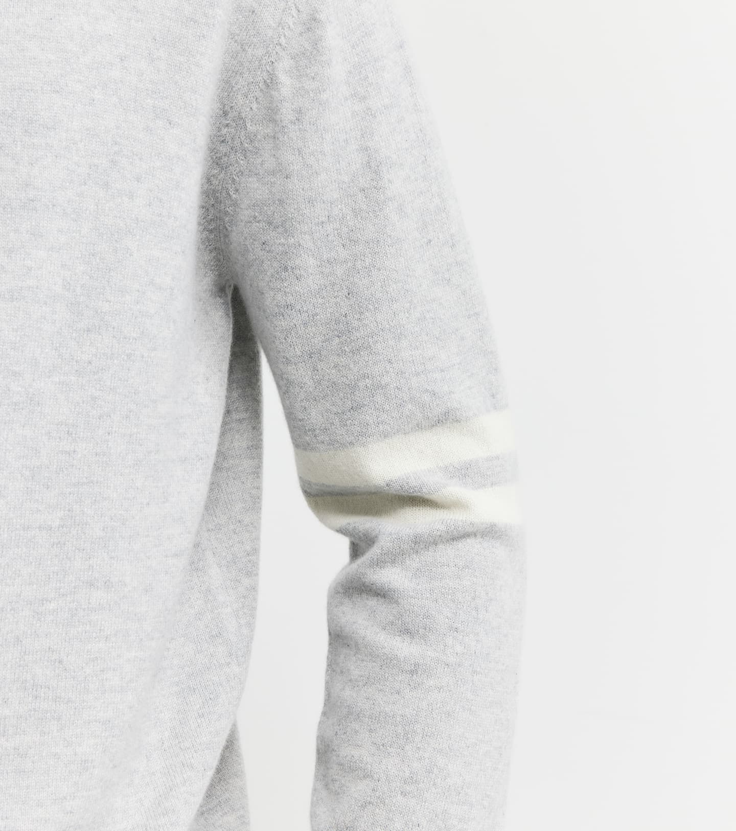 Mens Cashmere Crew Stripe Sleeve - Grey Melange/Cream
