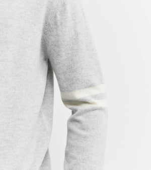 Mens Cashmere Crew Stripe Sleeve - Grey Melange/Cream