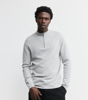 Mens Essential Cashmere Quarter Zip Sweater - Grey Melange/Cream