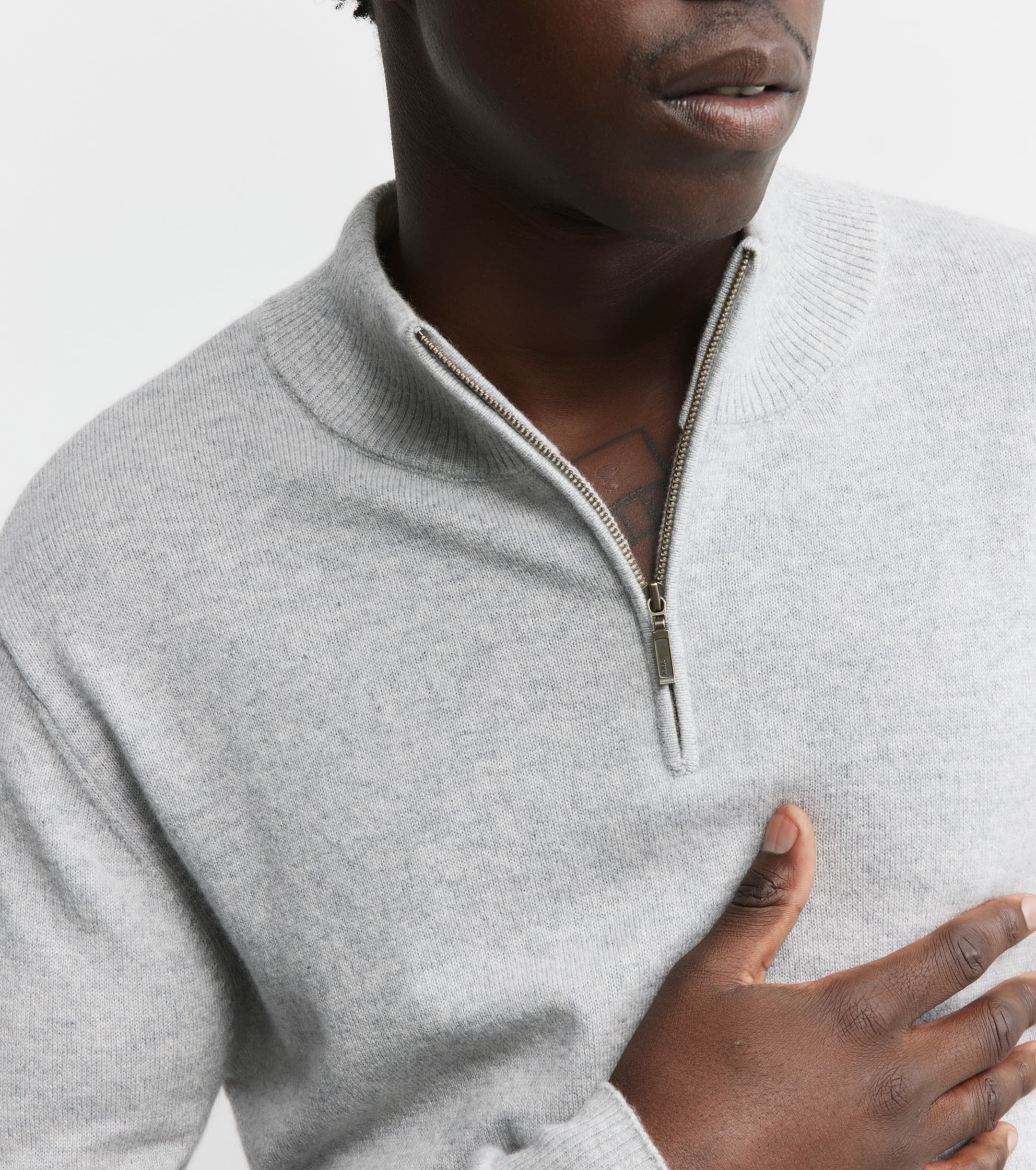 Mens Essential Cashmere Quarter Zip Sweater - Grey Melange/Cream