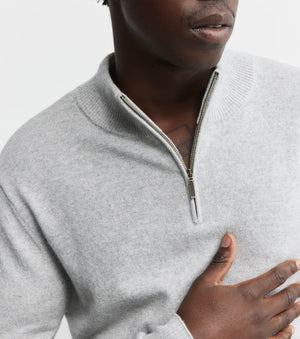 Mens Essential Cashmere Quarter Zip Sweater - Grey Melange/Cream